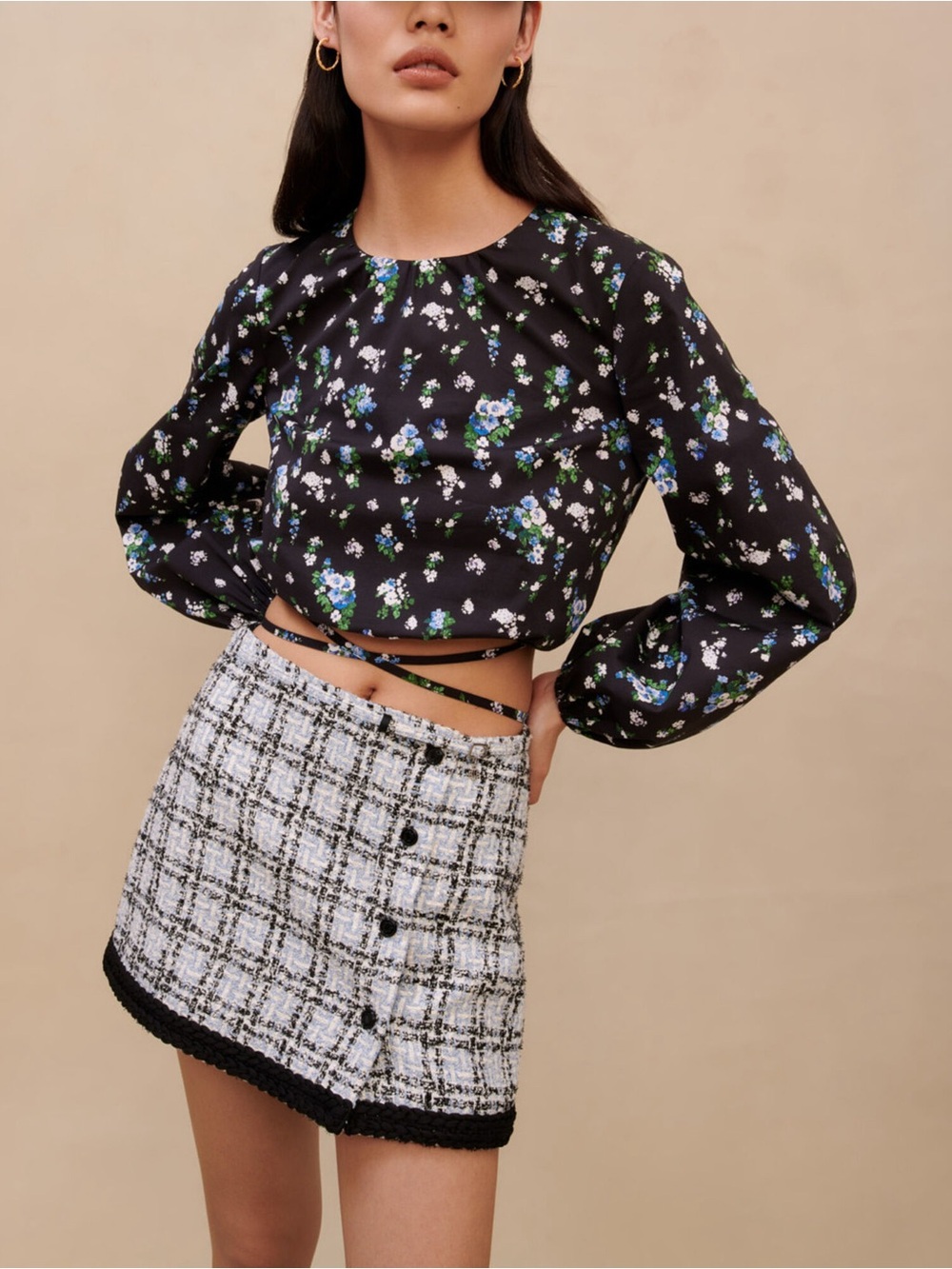 Maje Black Floral Long-Sleeve Crop Blouse